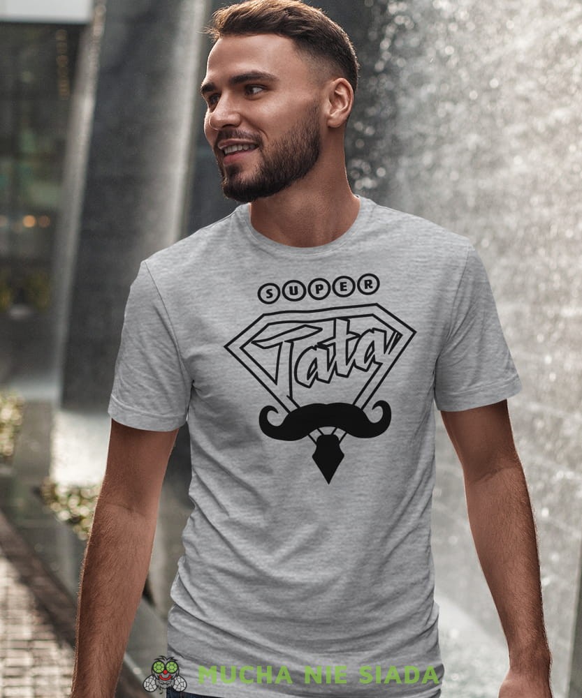 Super tata, wąsy, krawat, szara koszulka, dzień taty, koszulka dla ojca, koszulka na dzień ojca, t-shirt dla taty, prezent dla taty, koszulka męska, mucha nie siada, mns.jpg
