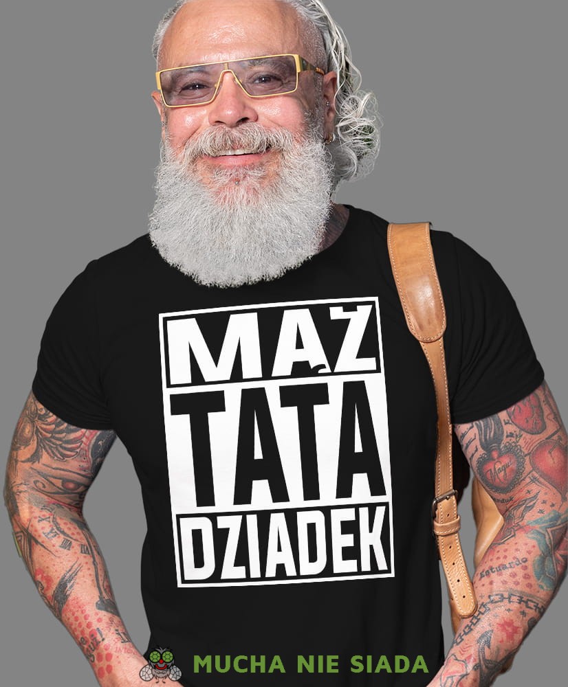 Mąż Tata Dziadek, czarna koszulka męska dla dziadka, na urodziny, na dzień dziadka, na prezent, mucha nie siada, mns sklep.jpg