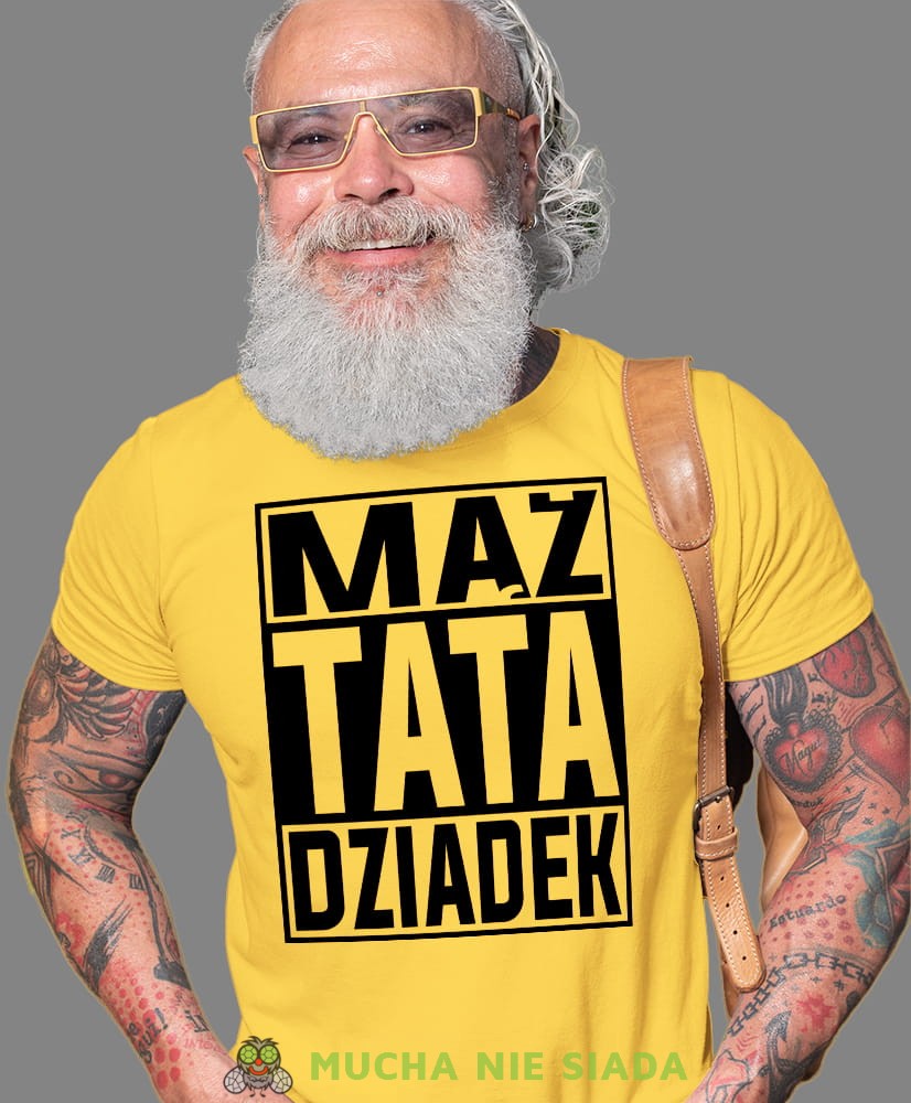 Mąż Tata Dziadek, żółta koszulka męska dla dziadka, na urodziny, na dzień dziadka, na prezent, mucha nie siada, mns sklep.jpg