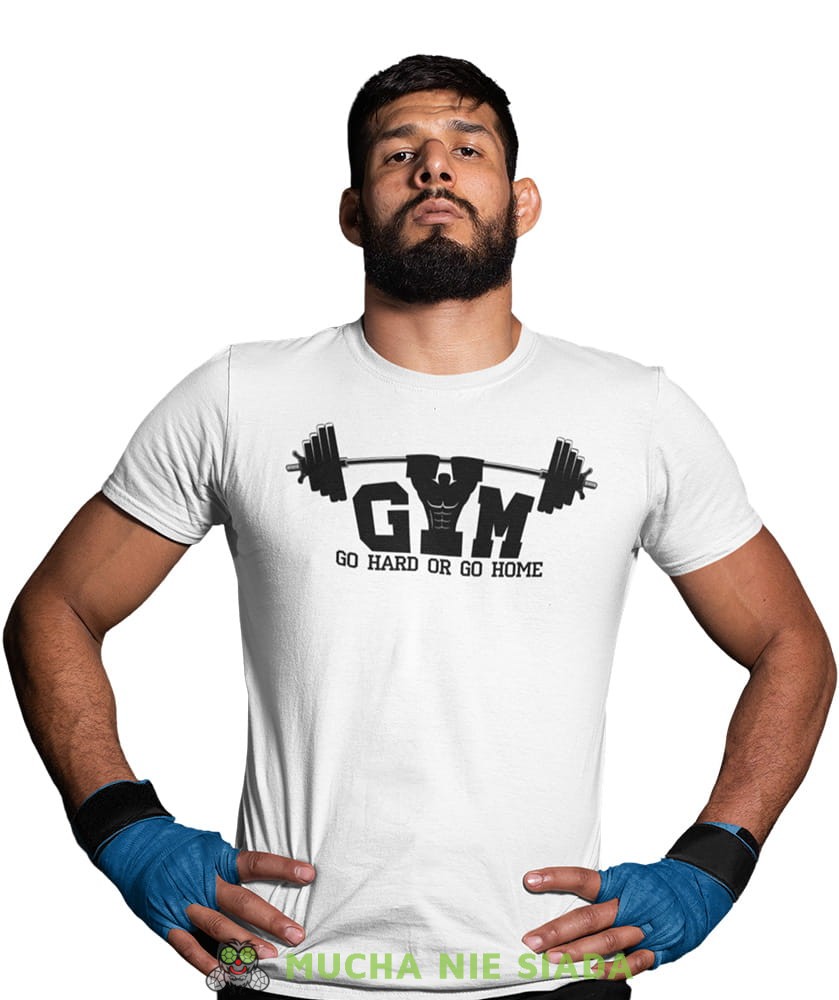 Gym go hard or go home, biała męska koszulka na siłownię koszulka sportowa, crossfit, na siłownię mns.jpg
