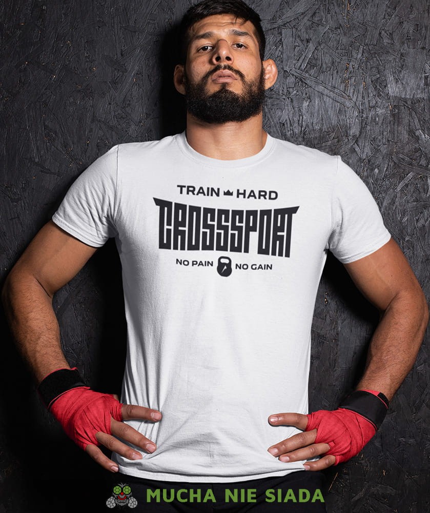 Train hard Crosssport No pain No gain, biała koszulka na siłownię, męska koszulka, koszulka sportowa, crossfit, gym, na siłownię, mns.jpg