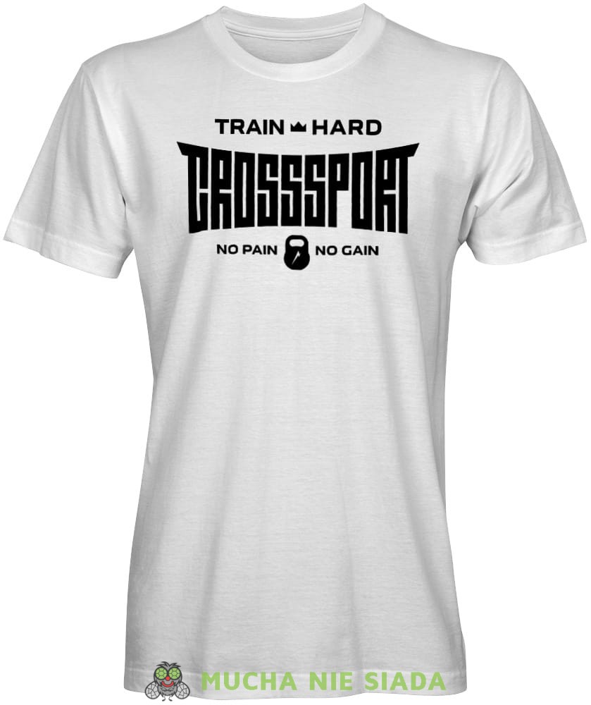Train hard Crosssport No pain No gain, biała koszulka na siłownię, męska koszulka, koszulka sportowa, crossfit, gym, na siłownię.jpg