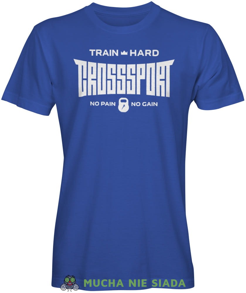 Train hard Crosssport No pain No gain, niebieska koszulka na siłownię, męska koszulka, koszulka sportowa, crossfit, gym, na siłownię.jpg