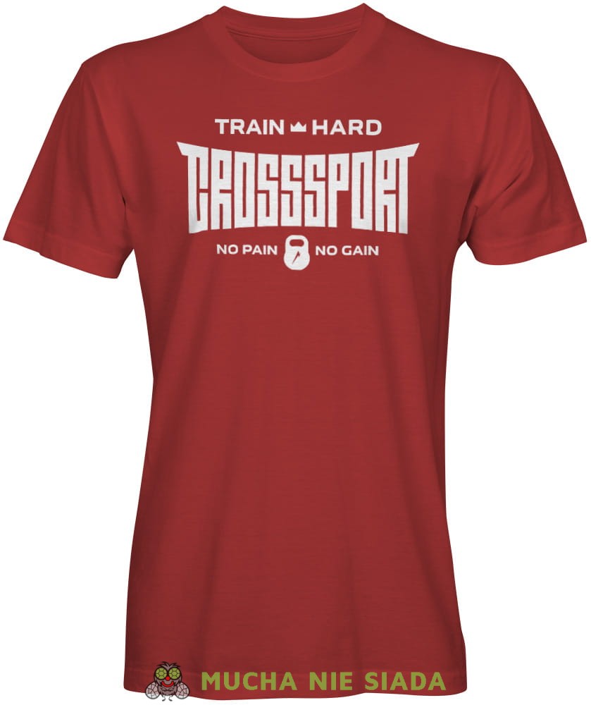 Train hard Crosssport No pain No gain, czerwona koszulka na siłownię, męska koszulka, koszulka sportowa, crossfit, gym, na siłownię.jpg