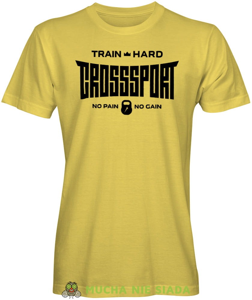 Train hard Crosssport No pain No gain, żółta koszulka na siłownię, męska koszulka, koszulka sportowa, crossfit, gym, na siłownię.jpg