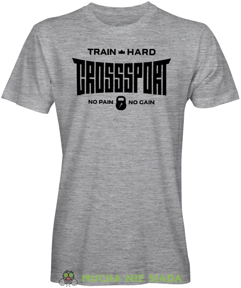 Train hard Crosssport No pain No gain, szara koszulka na siłownię, męska koszulka, koszulka sportowa, crossfit, gym, na siłownię.jpg