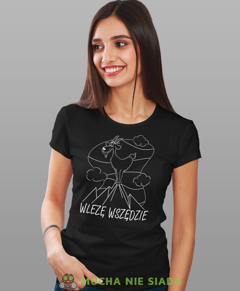 Damska koszulka z nadrukiem - Wlezę wszędzie - Idealna za wypad w góry, czarna koszulka z nadrukiem, wycieczka w góry, górska wyprawa, T-shirt dla miłośników turystyki górskiej, mucha nie siada koszulki.jpg