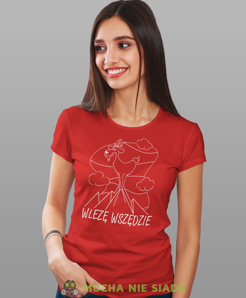 Damska koszulka z nadrukiem - Wlezę wszędzie - Idealna za wypad w góry, czerwona koszulka z nadrukiem, wycieczka w góry, górska wyprawa, T-shirt dla miłośników turystyki górskiej, mucha nie siada koszulki.jpg