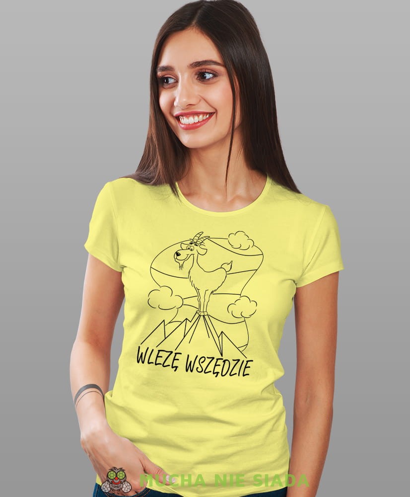 Damska koszulka z nadrukiem - Wlezę wszędzie - Idealna za wypad w góry, żółta koszulka z nadrukiem, wycieczka w góry, górska wyprawa, T-shirt dla miłośników turystyki górskiej, mucha nie siada koszulki.jpg
