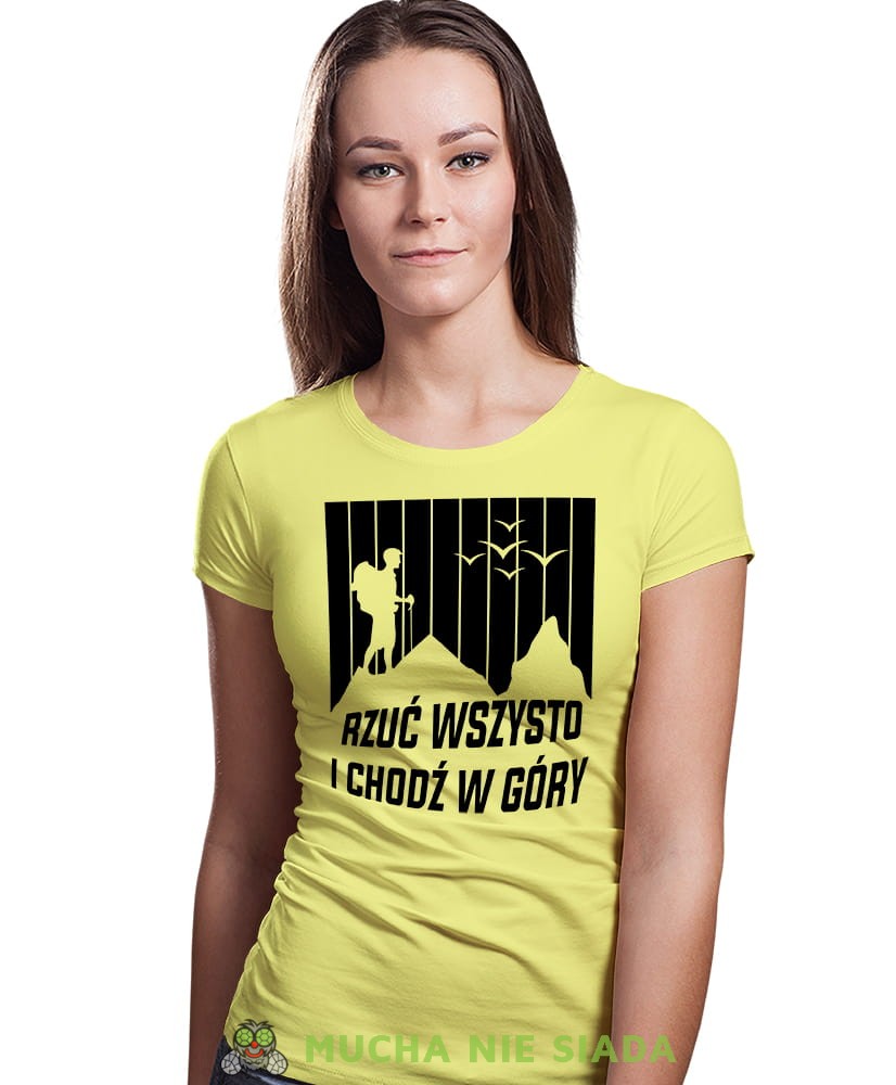 Damska koszulka z nadrukiem - Rzuć wszystko i chodź w góry - Idealna za wypad w góry, żółta koszulka z nadrukiem, wycieczka w góry, górska wyprawa, T-shirt dla miłośników turystyki górskiej, mucha nie siada koszulki.jpg