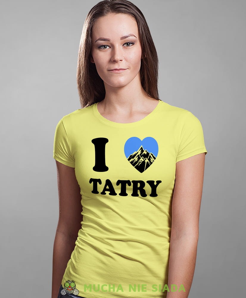 Damska koszulka z nadrukiem - Kocham Tatry, I love Tatry - Idealna na wypad w góry, żółta koszulka z nadrukiem, wycieczka w góry, górska wyprawa, T-shirt dla miłośników turystyki górskiej, mucha nie siada koszulki.jpg