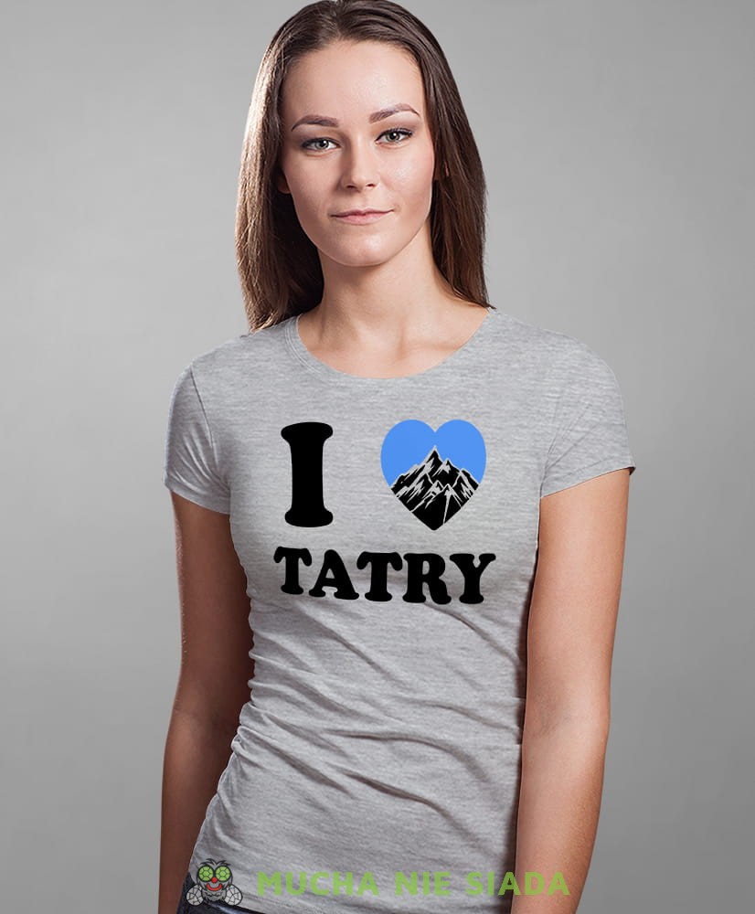 Damska koszulka z nadrukiem - Kocham Tatry, I love Tatry - Idealna na wypad w góry, szara koszulka z nadrukiem, wycieczka w góry, górska wyprawa, T-shirt dla miłośników turystyki górskiej, mucha nie siada koszulki.jpg