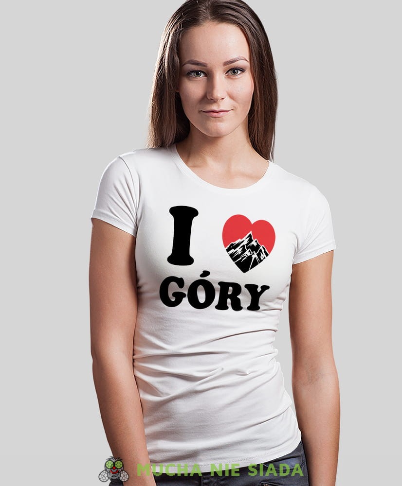 Damska koszulka z nadrukiem - Kocham góry, I love góry - Idealna na wypad w góry, biała koszulka z nadrukiem, wycieczka w góry, górska wyprawa, T-shirt dla miłośników turystyki górskiej, mucha nie siada koszulki.jpg