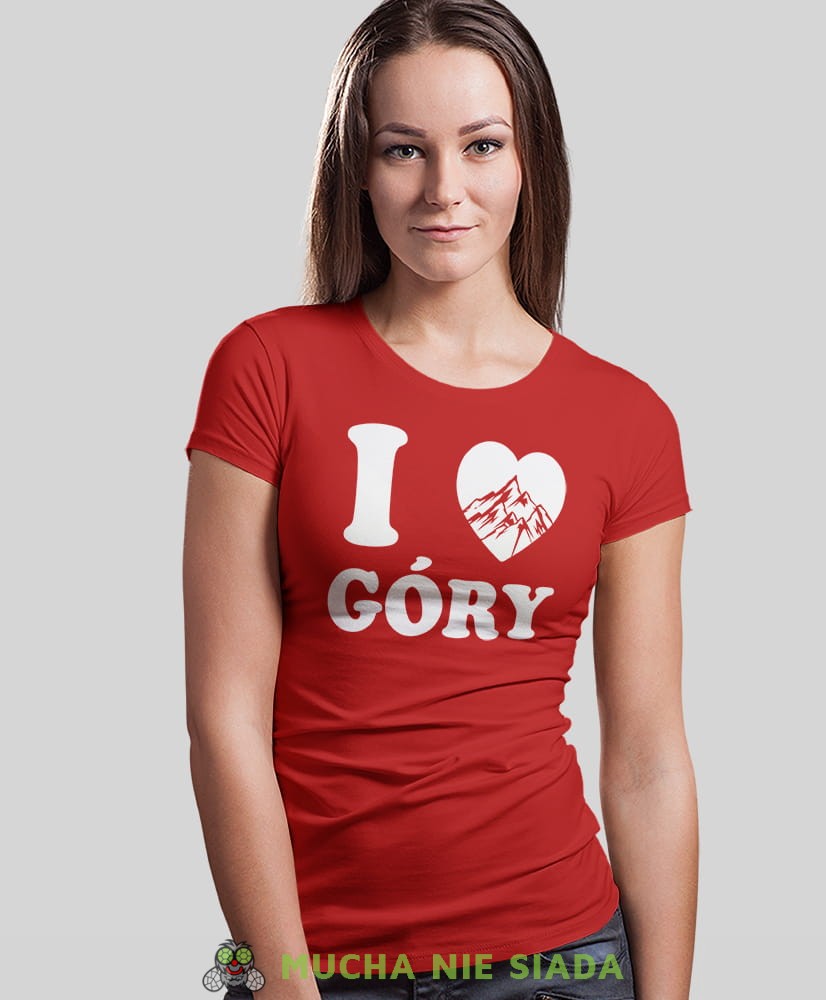 Damska koszulka z nadrukiem - Kocham góry, I love góry - Idealna na wypad w góry, czerwona koszulka z nadrukiem, wycieczka w góry, górska wyprawa, T-shirt dla miłośników turystyki górskiej, mucha nie siada koszulki.jpg