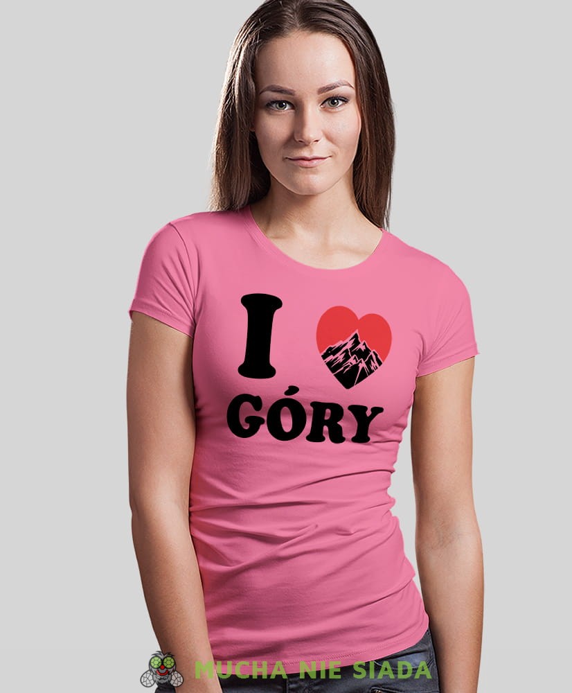 Damska koszulka z nadrukiem - Kocham góry, I love góry - Idealna na wypad w góry, różowa koszulka z nadrukiem, wycieczka w góry, górska wyprawa, T-shirt dla miłośników turystyki górskiej, mucha nie siada koszulki.jpg