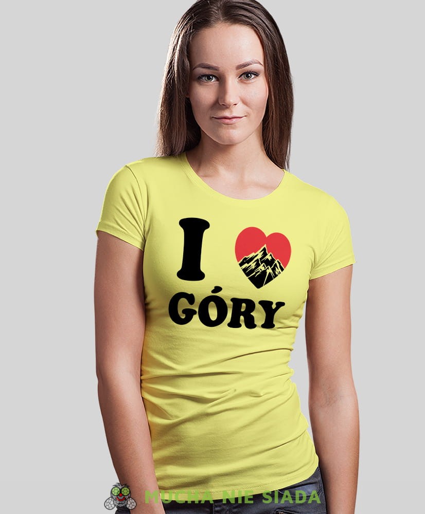 Damska koszulka z nadrukiem - Kocham góry, I love góry - Idealna na wypad w góry, żółta koszulka z nadrukiem, wycieczka w góry, górska wyprawa, T-shirt dla miłośników turystyki górskiej, mucha nie siada koszulki.jpg