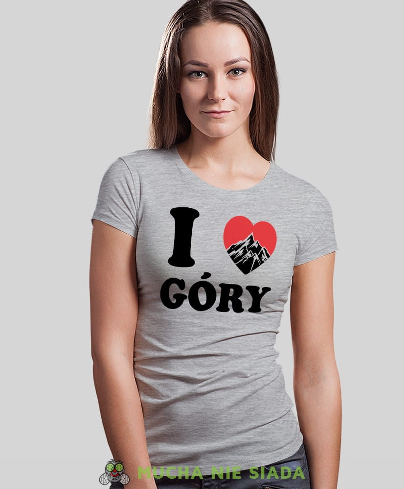 Damska koszulka z nadrukiem - Kocham góry, I love góry - Idealna na wypad w góry, szara koszulka z nadrukiem, wycieczka w góry, górska wyprawa, T-shirt dla miłośników turystyki górskiej, mucha nie siada koszulki.jpg