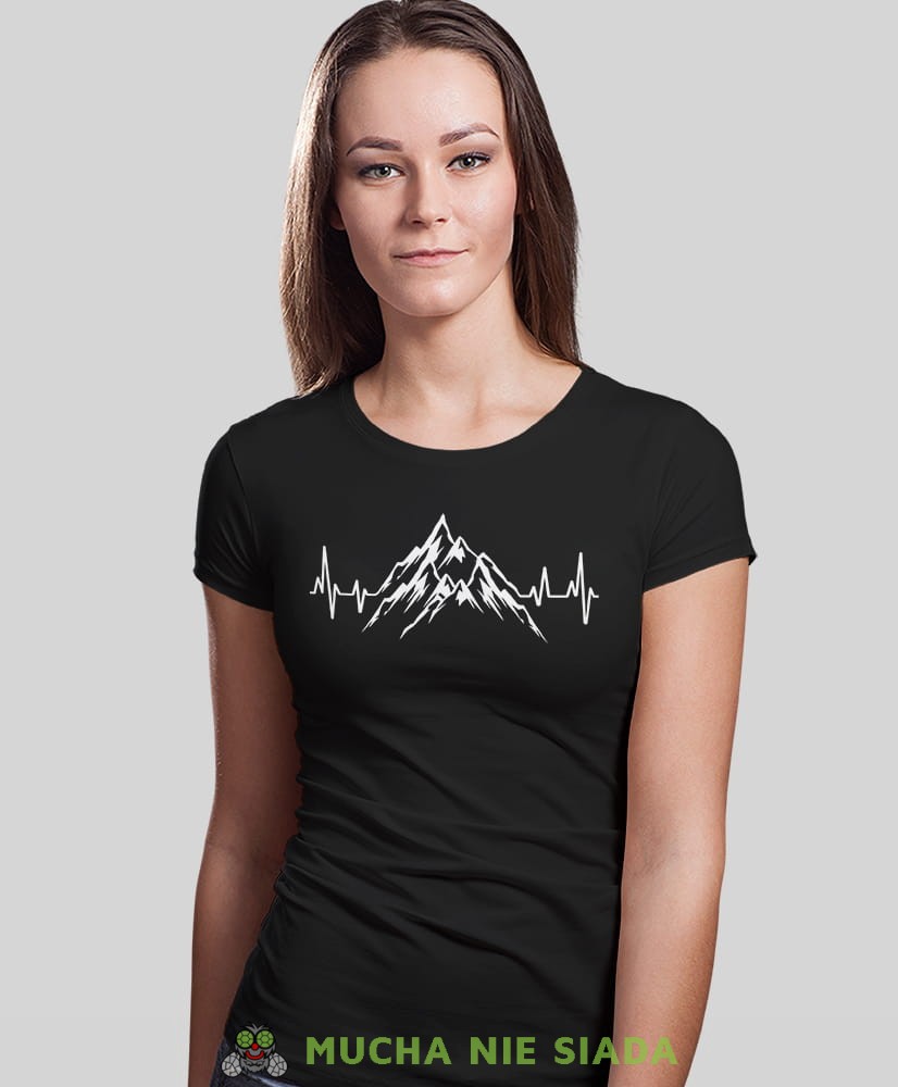 Damska koszulka z nadrukiem - Góry linia życia - Idealna za wypad w góry, czarna koszulka z nadrukiem, wycieczka w góry, górska wyprawa, T-shirt dla miłośników turystyki górskiej, mucha nie siada koszulki.jpg