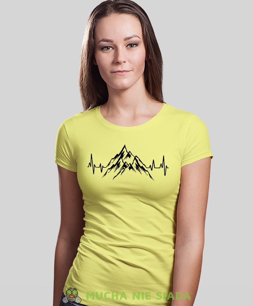 Damska koszulka z nadrukiem - Góry linia życia - Idealna za wypad w góry, żółta koszulka z nadrukiem, wycieczka w góry, górska wyprawa, T-shirt dla miłośników turystyki górskiej, mucha nie siada koszulki.jpg