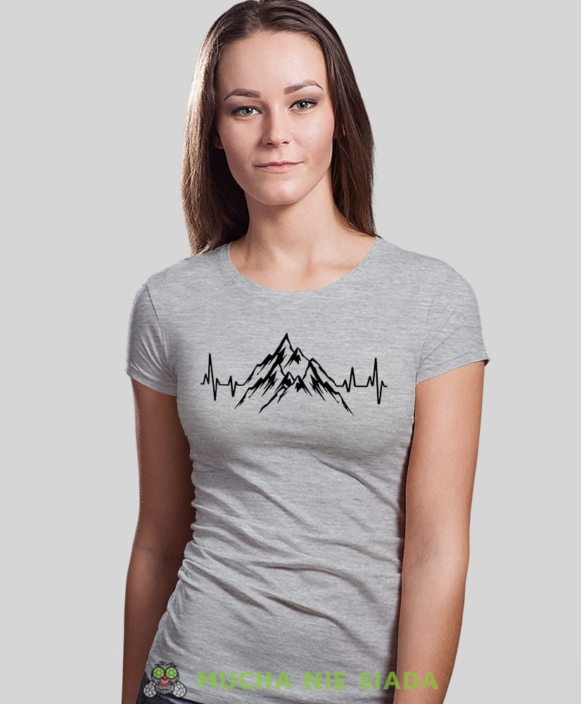 Damska koszulka z nadrukiem - Góry linia życia - Idealna za wypad w góry, szara koszulka z nadrukiem, wycieczka w góry, górska wyprawa, T-shirt dla miłośników turystyki górskiej, mucha nie siada koszulki.jpg