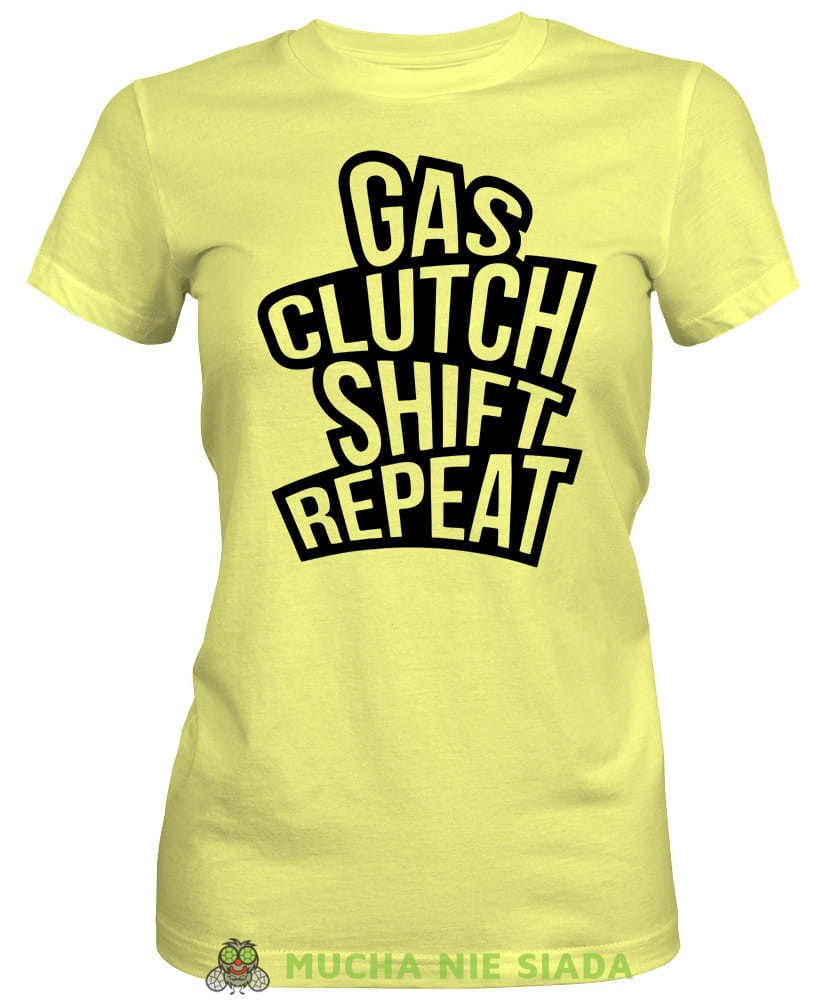 Gas clutch shift repeat, żółta damska koszulka, koszulka motocyklowa, koszulka dla motocyklistki, damska koszulka na motocykl, koszulka dla miłośniczki motocykli, motocykl, mucha nie siada sklep.jpg