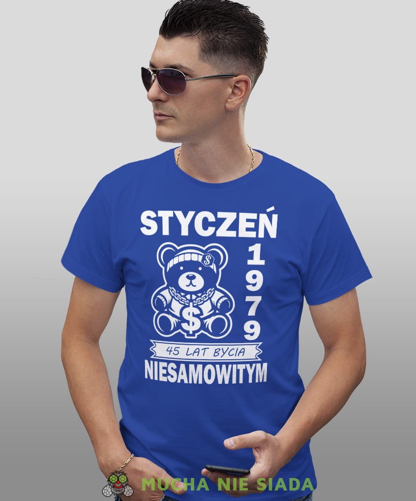 Miś 20 30 40 50 60 70 80 lat bycia niesamowitym, niebieska męska koszulka urodzinowa, na urodziny, na prezent, fajna koszulka, dla chłopaka, dla męża, mucha nie siada, mns.jpg