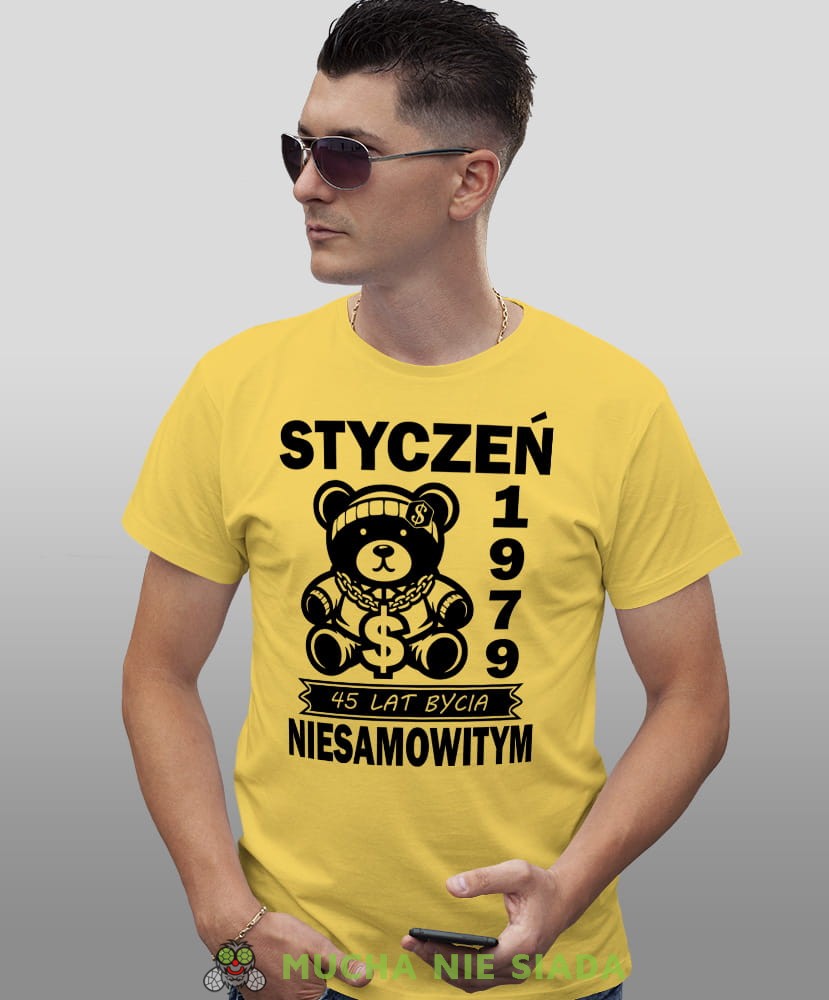 Miś 20 30 40 50 60 70 80 lat bycia niesamowitym, żółta męska koszulka urodzinowa, na urodziny, na prezent, fajna koszulka, dla chłopaka, dla męża, mucha nie siada, mns.jpg