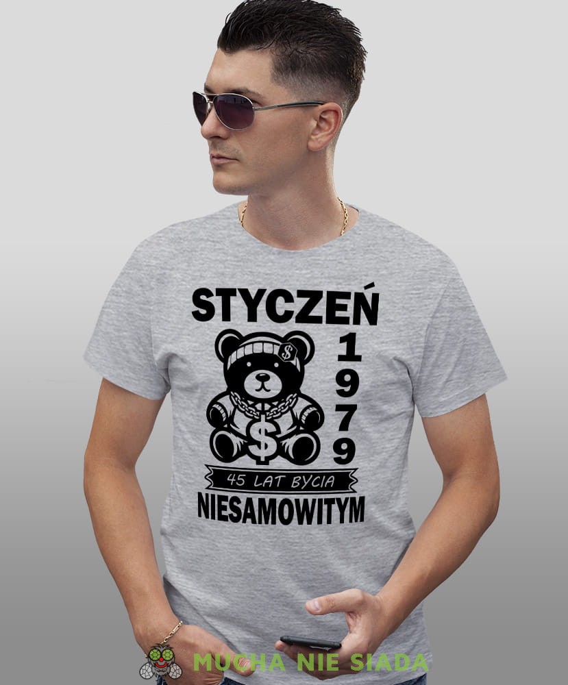 Miś 20 30 40 50 60 70 80 lat bycia niesamowitym, szara męska koszulka urodzinowa, na urodziny, na prezent, fajna koszulka, dla chłopaka, dla męża, mucha nie siada, mns.jpg