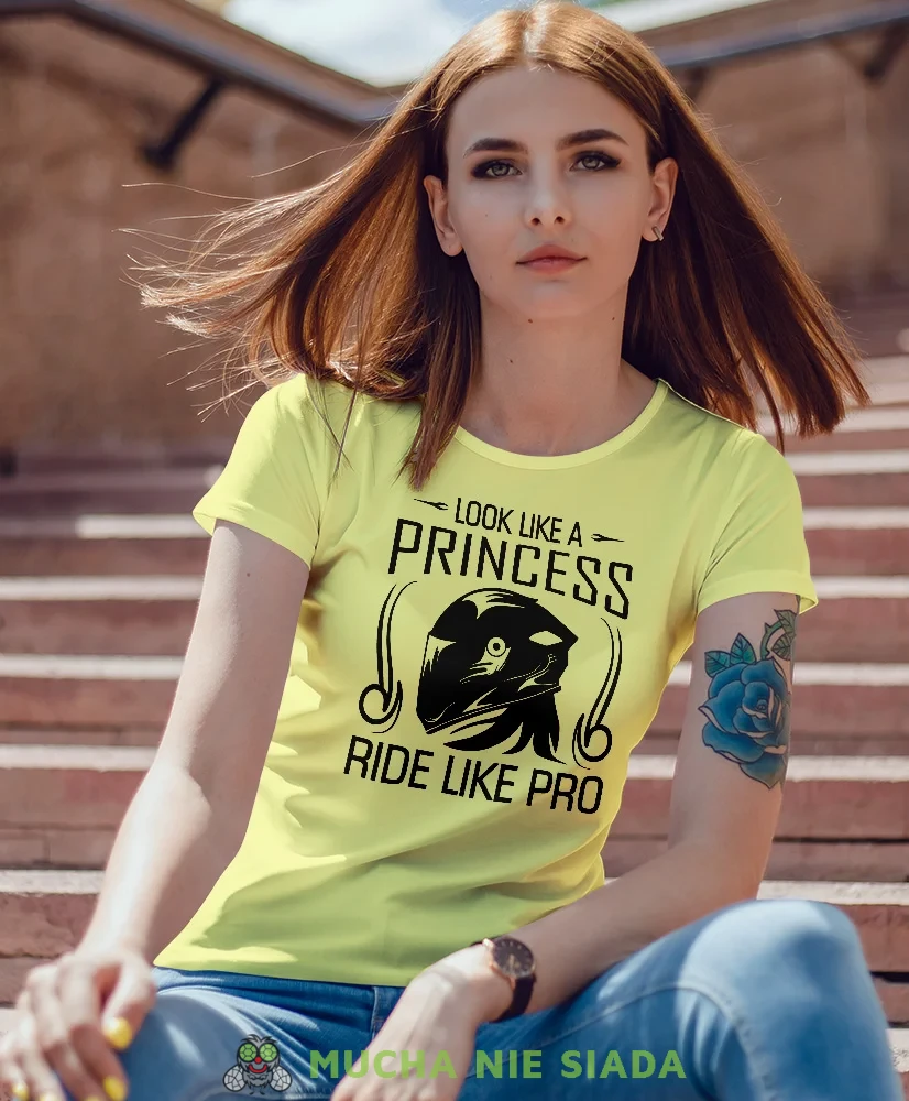 Look like a princess ride like pro, żółta damska koszulka, koszulka motocyklowa, koszulka dla motocyklistki, damska koszulka na motocykl, koszulka dla miłośniczki motocykli, motocykl, mucha nie siada sklep.webp