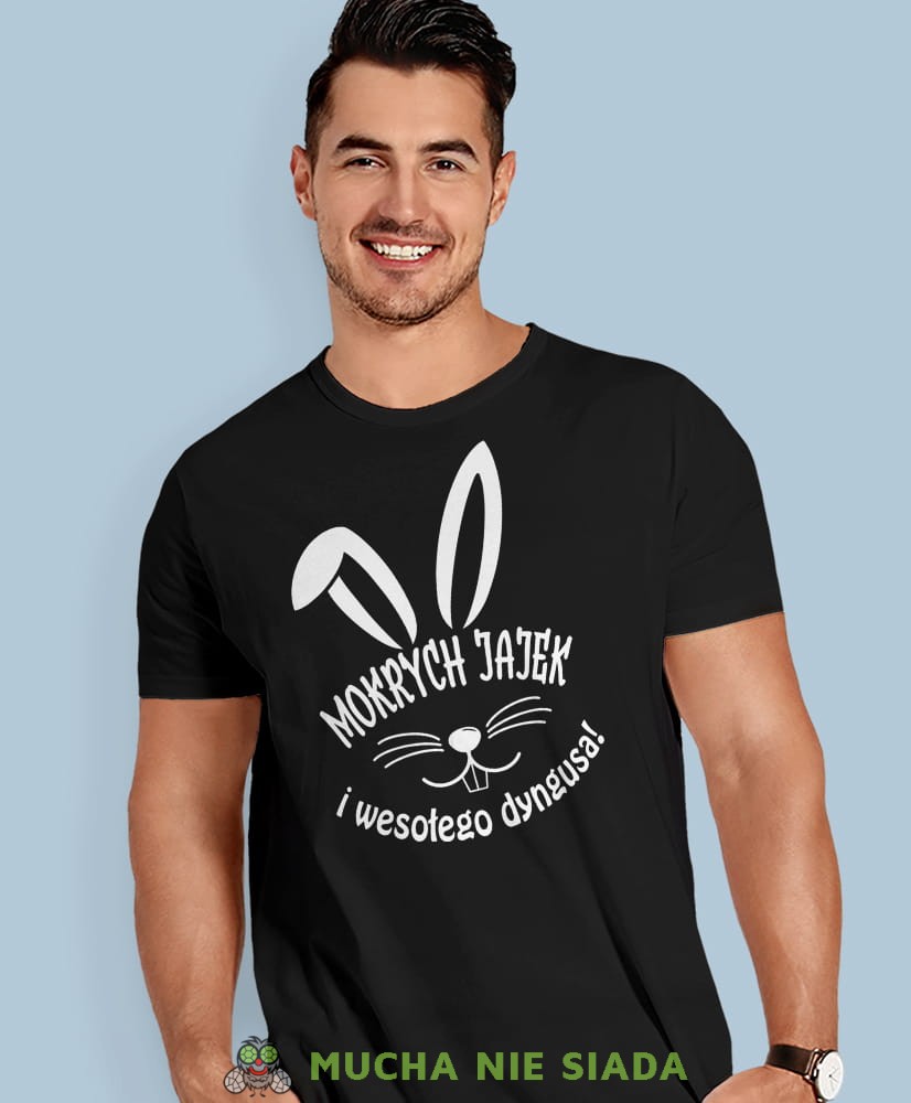 Mokrych jajek i wesołego dyngusa, czarna męska koszulka, koszulka na prezent, śmieszna koszulka, koszulka z zabawnym nadrukiem, fajna koszulka, koszulka na wielkanoc, mucha nie siada, mns.jpg