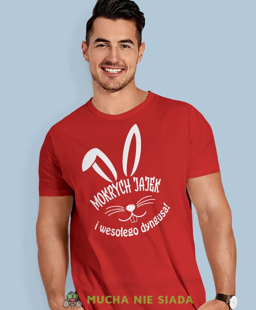 Mokrych jajek i wesołego dyngusa, czerwona męska koszulka, koszulka na prezent, śmieszna koszulka, koszulka z zabawnym nadrukiem, fajna koszulka, koszulka na wielkanoc, mucha nie siada, mns.jpg