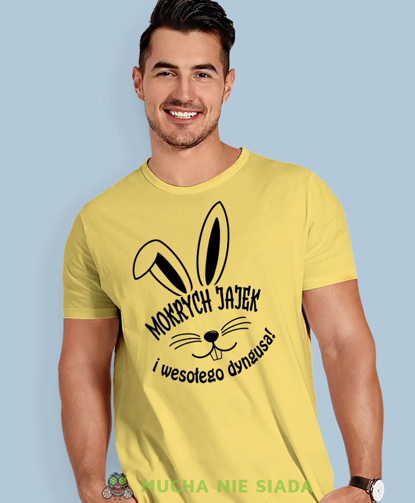 Mokrych jajek i wesołego dyngusa, żółta męska koszulka, koszulka na prezent, śmieszna koszulka, koszulka z zabawnym nadrukiem, fajna koszulka, koszulka na wielkanoc, mucha nie siada, mns.jpg