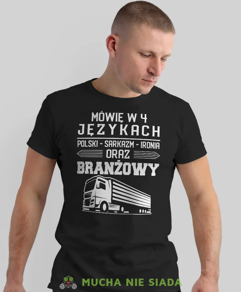 Mówię w 4 językach, czarna koszulka z nadrukiem, prezent dla kierowcy tira, prezent dla kierowcy ciężarówki, koszulka dla kierowcy ciężarówki, koszulki dla kierowcy, mucha niesiada, mns.webp