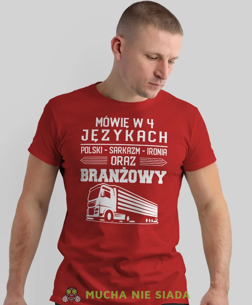 Mówię w 4 językach, czerwona koszulka z nadrukiem, prezent dla kierowcy tira, prezent dla kierowcy ciężarówki, koszulka dla kierowcy ciężarówki, koszulki dla kierowcy, mucha niesiada, mns.webp