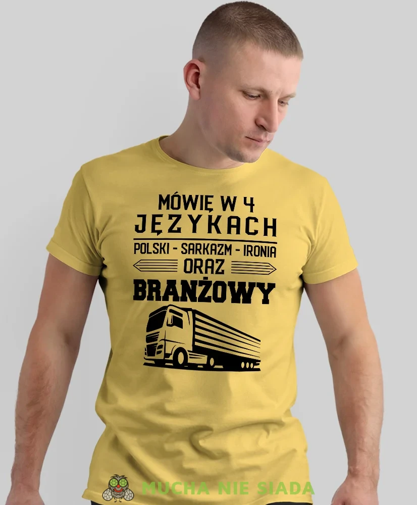 Mówię w 4 językach, żółta koszulka z nadrukiem, prezent dla kierowcy tira, prezent dla kierowcy ciężarówki, koszulka dla kierowcy ciężarówki, koszulki dla kierowcy, mucha niesiada, mns.webp