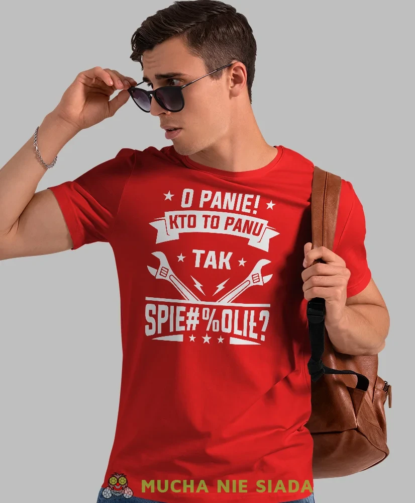 O panie kto to panu tak, czerwona męska koszulka, prezent dla mechanika, koszulka z nadrukiem dla mechanika, koszulka dla mechanika, koszulki dla mechanika, mucha niesiada, mns.webp