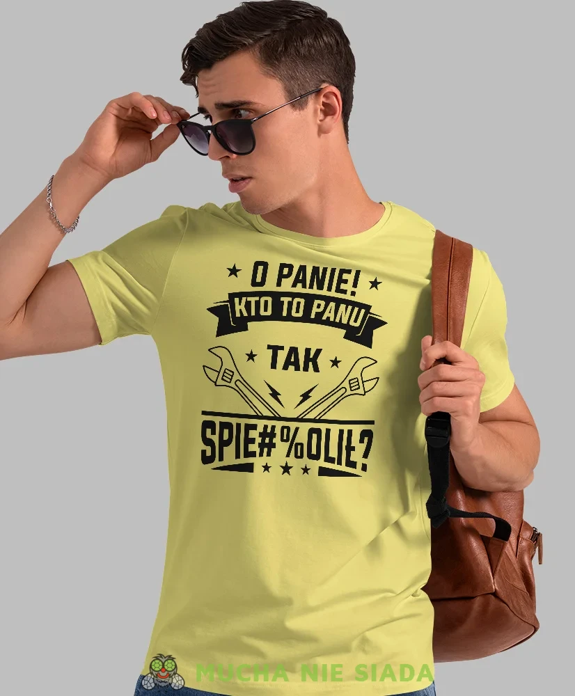 O panie kto to panu tak, żółta męska koszulka, prezent dla mechanika, koszulka z nadrukiem dla mechanika, koszulka dla mechanika, koszulki dla mechanika, mucha niesiada, mns.webp