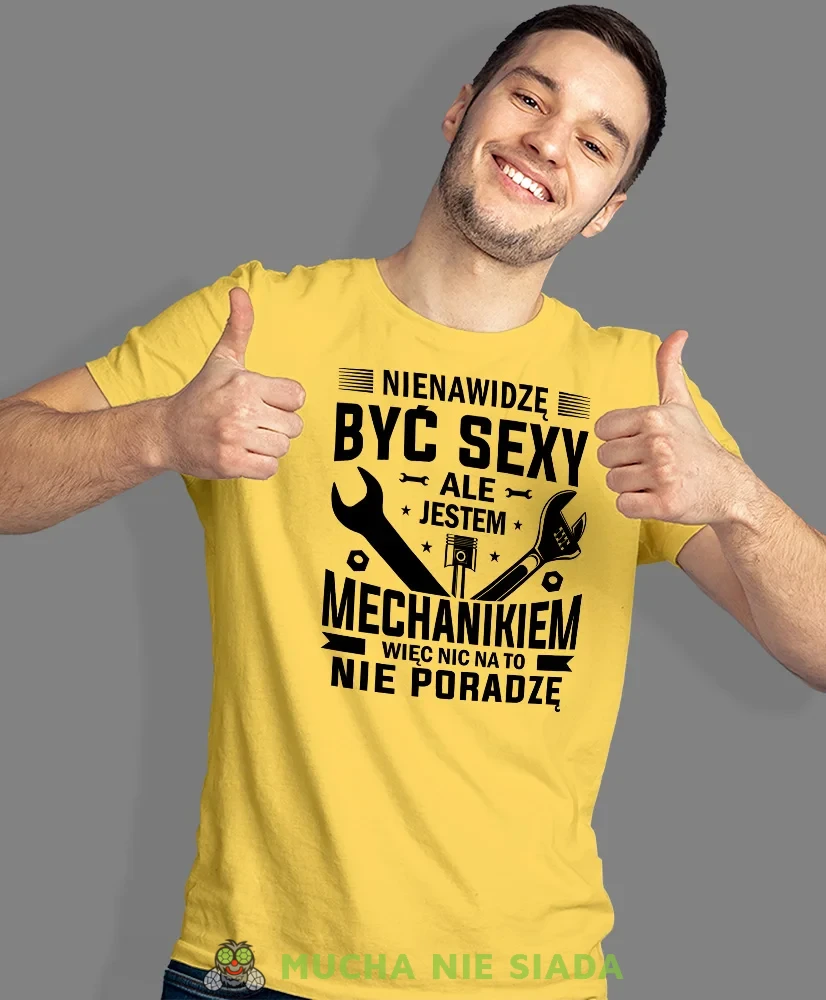 Nienawidzę być sexy ale jestem mechanikiem, żółta męska koszulka, prezent dla mechanika, koszulka z nadrukiem dla mechanika, koszulka dla mechanika, koszulki dla mechanika, mucha niesiada, mns.webp