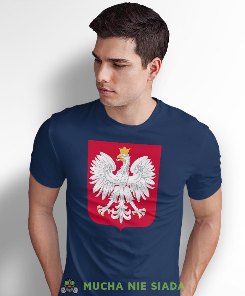 Godło Polski, granatowa męska koszulka z nadrukiem, koszulka patriotyczna, koszulki z grafiką patriotyczną, dla mężczyzny, koszulki patriotyczne, koszulka Polska, koszulki Polska.jpg