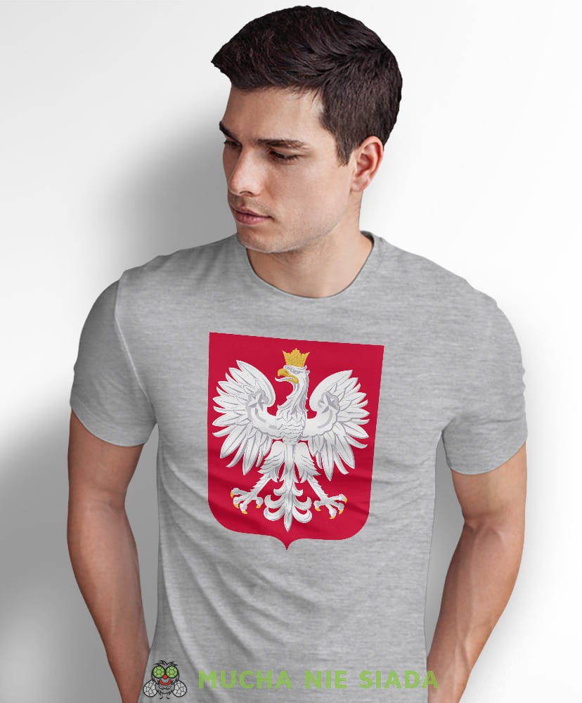 Godło Polski, szara męska koszulka z nadrukiem, koszulka patriotyczna, koszulki z grafiką patriotyczną, dla mężczyzny, koszulki patriotyczne, koszulka Polska, koszulki Polska.jpg