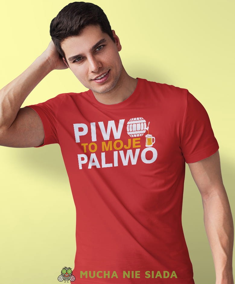 piwo to moje paliwo, czerwona męska koszulka z nadrukiem na co dzień, na prezent, fajna koszulka.jpg