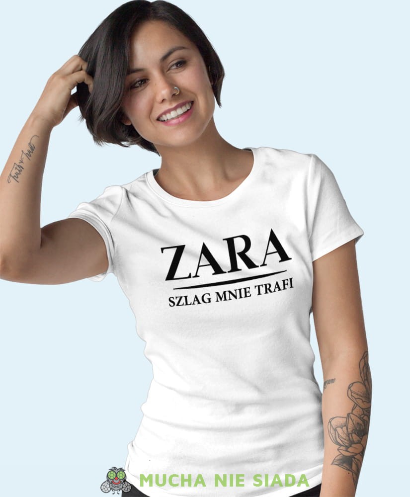 zara szlag mnie trafi biała damska koszulka z nadrukiem na prezent dla dziewczyny.jpg