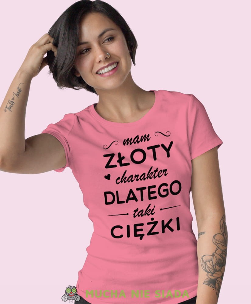 mama złoty charakter dlatego taki ciężki różowa damska koszulka z nadrukiem na prezent dla dziewczyny.jpg
