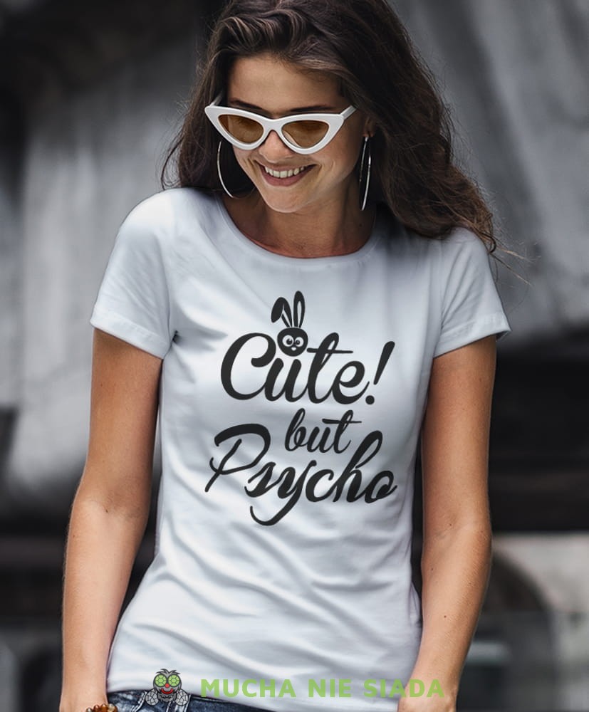cute but psycho biała damska koszulka z nadrukiem na prezent dla dziewczyny dla żony.jpg
