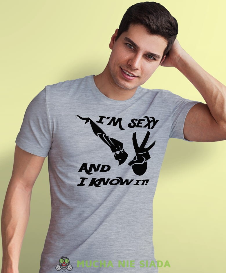 i'm sexy and i know it, szara, męska koszulka z nadrukiem, na co dzień, na prezent, fajna koszulka, dla chłopaka.jpg