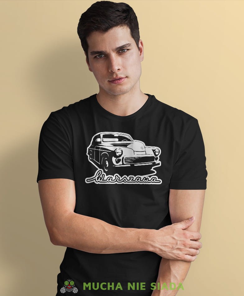 auto warszawa czarna męska koszulka z nadrukiem na co dzień, na prezent, fajna koszulka dla chłopaka.jpg