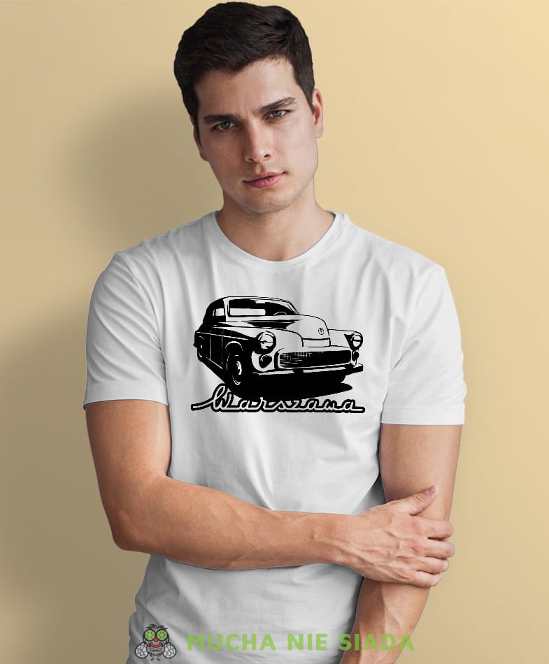 auto warszawa biała męska koszulka z nadrukiem na co dzień, na prezent, fajna koszulka dla chłopaka.jpg