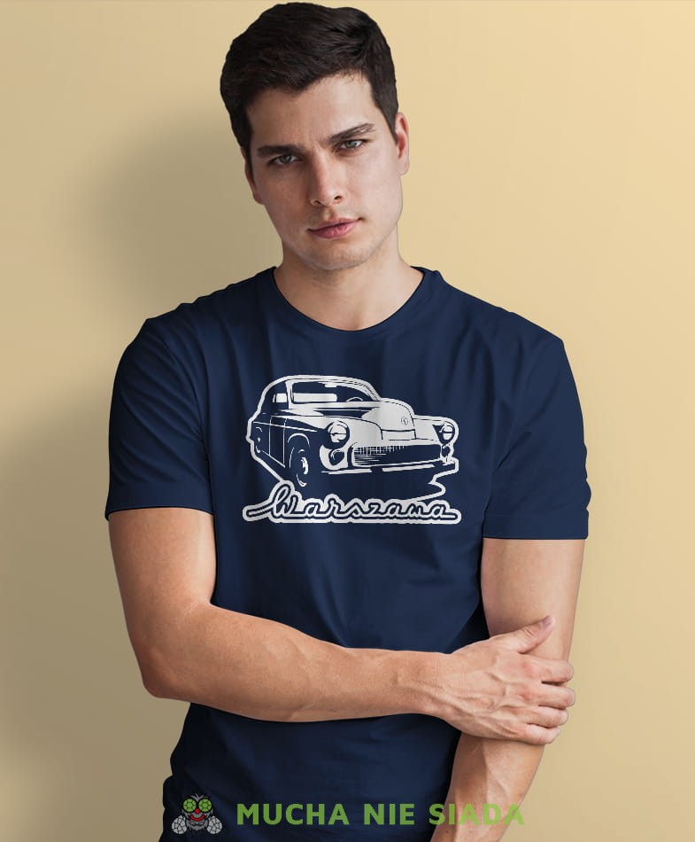 auto warszawa granatowa męska koszulka z nadrukiem na co dzień, na prezent, fajna koszulka dla chłopaka.jpg