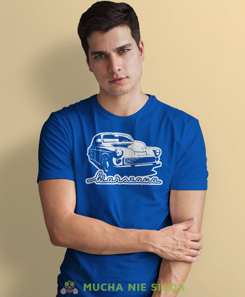 auto warszawa niebieska męska koszulka z nadrukiem na co dzień, na prezent, fajna koszulka dla chłopaka.jpg