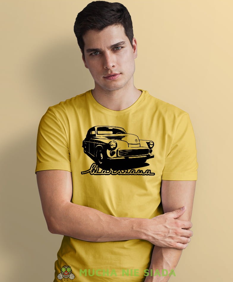 auto warszawa żółta męska koszulka z nadrukiem na co dzień, na prezent, fajna koszulka dla chłopaka.jpg